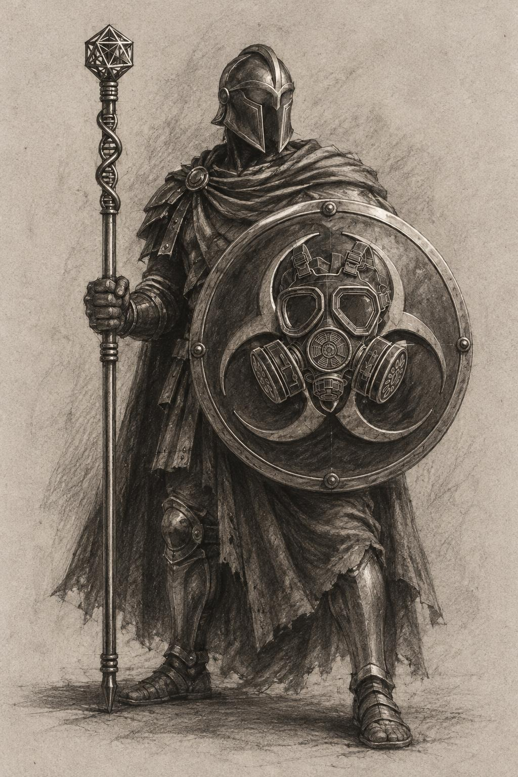Armored guardian holding a biohazard shield and a DNA staff crowned with a viral capsid